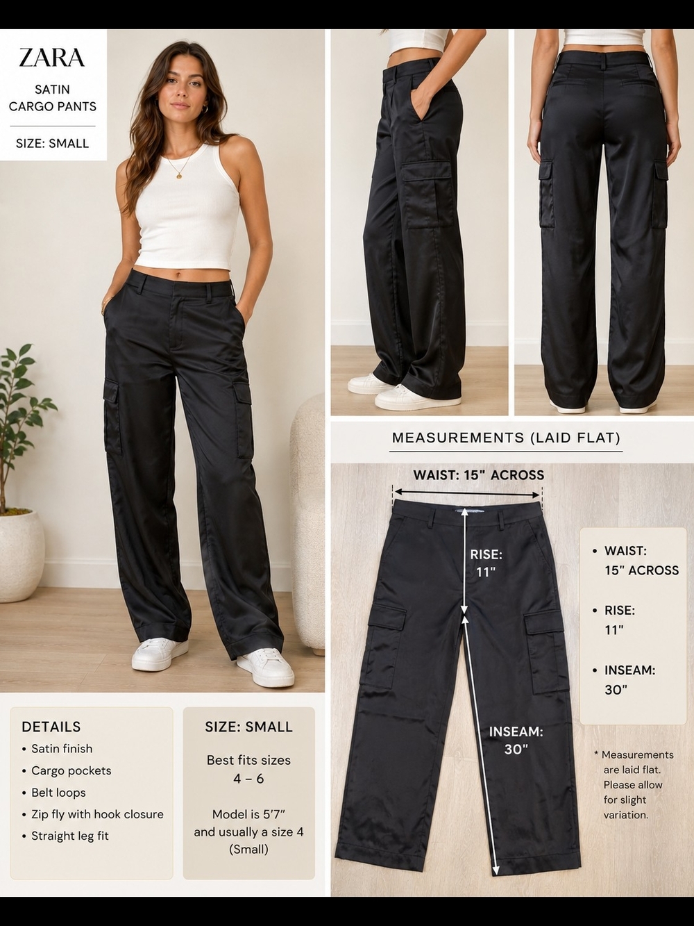 Zara Black Satin Cargo Pants Size Small